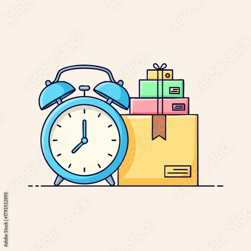 Alarm clock and packages represent time-sensitive delivery and deadlines.