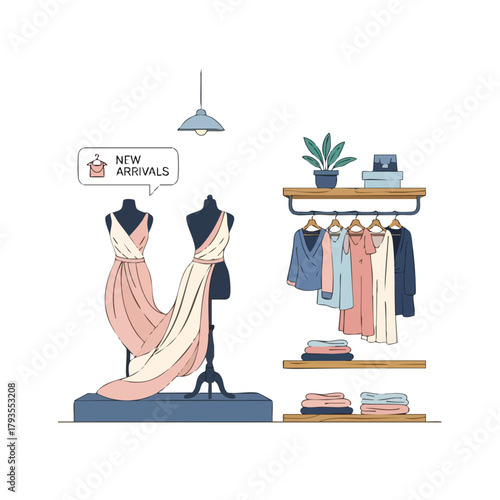 Elegant fashion boutique showcasing stylish dresses on mannequins with new arrivals sign.