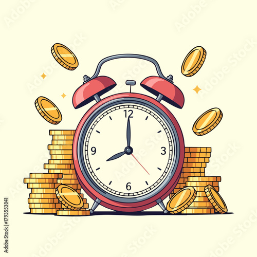 Alarm clock with coins, representing time management and financial growth, concept illustration.