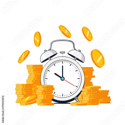 Time is money, a concept illustrated with coins and a clock.