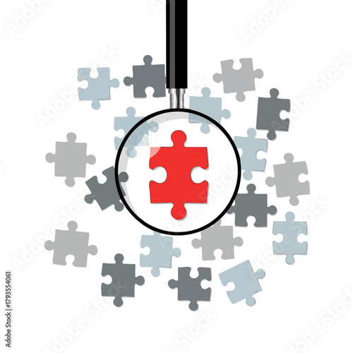 Magnifying glass focuses on a red puzzle piece, highlighting the solution.