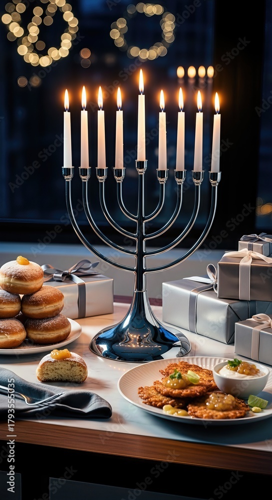 Obraz premium Warm Hanukkah menorah candles glow brightly, illuminating a joyful Jewish family celebration. Delicious traditional sufganiyot and latkes complement the festive holiday gifts. Chag Urim Sameach lights