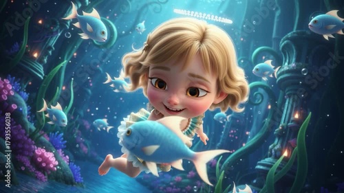 A joyful animated girl in a teal dress swims underwater, surrounded by blue fish, bubbles, coral, and ancient ruins in a vibrant, magical ocean scene