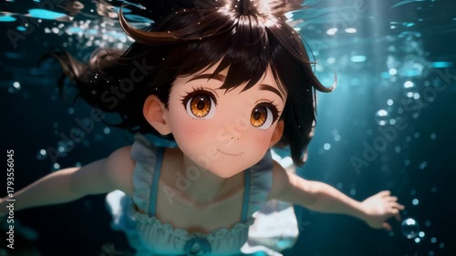 An anime girl with brown hair and orange eyes swims joyfully underwater in a ruffled dress, surrounded by bubbles and sunlight rays
