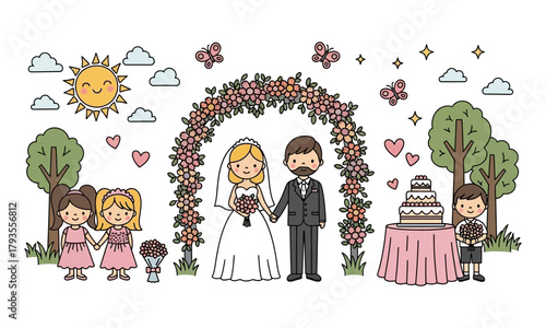 Cute cartoon wedding scene with bride and groom under floral arch, wedding party, and cake