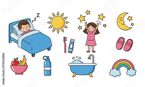 Daily routine for a child, including sleeping, waking up, hygiene, and healthy food