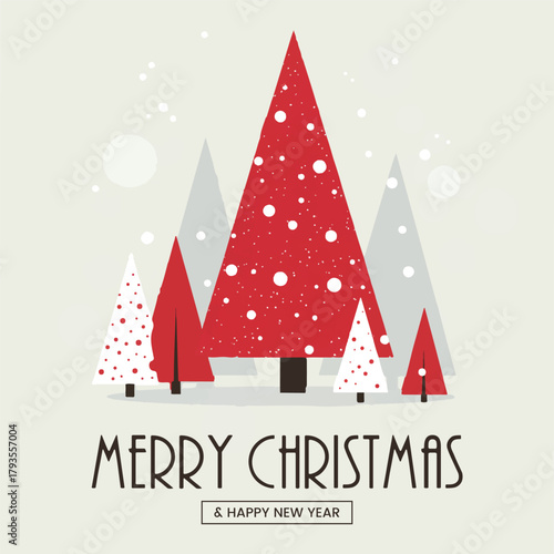 Merry Christmas and Happy New Year card with modern minimalist red and grey Christmas trees