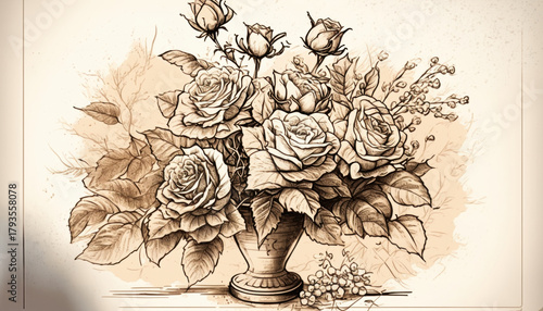 Vintage rose bouquet in antique vase sketch