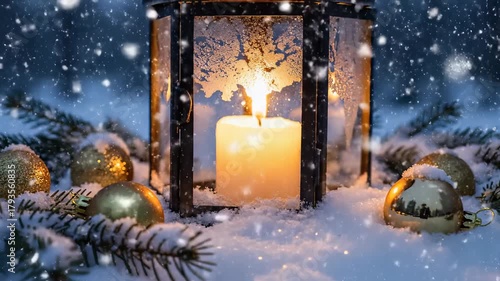 Cozy Christmas Lantern with Candle in Snowy Winter Scene