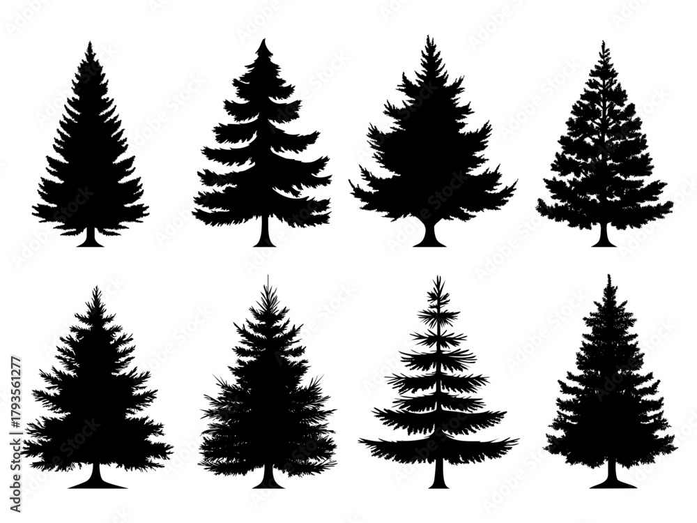 Fototapeta premium Collection of black fir and spruce tree silhouettes isolated on white background. Vectror illustration