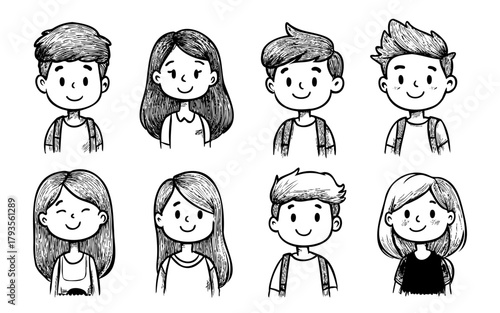 Cute hand drawn cartoon portraits of smiling kids. Collection of doodle style boys and girls with different hairstyles and expressions. Black and white vector illustration