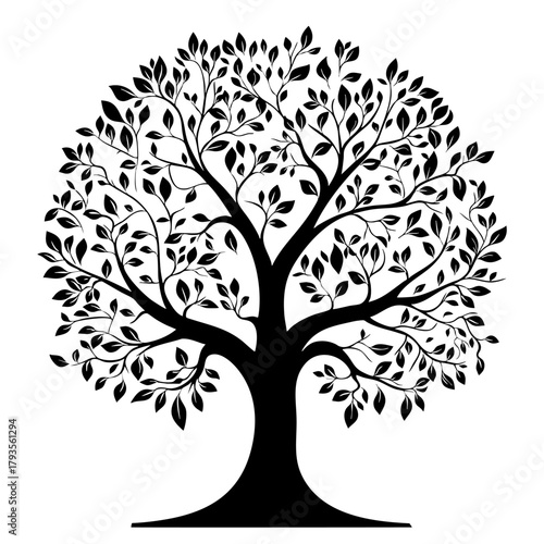 Decorative tree silhouette with branches and leaves on white background. Vector illustration