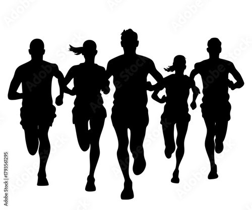 Silhouette of group of people running together on white background. Vector illustration