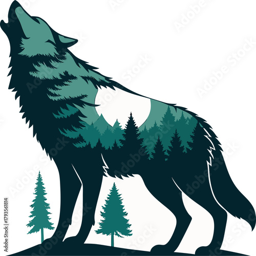 Powerful wolf double exposure vector art with abstract elements