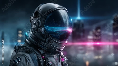 Shining astronaut face shield amid neonlit cityscape visuals