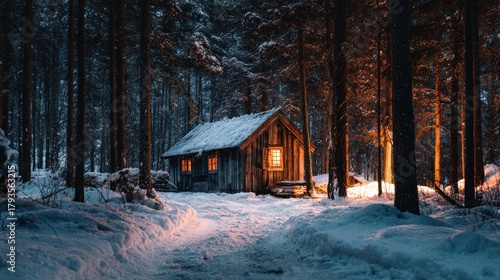 Snowy forest scene, a small cabin with warm inviting light. Winter, dusk, peaceful