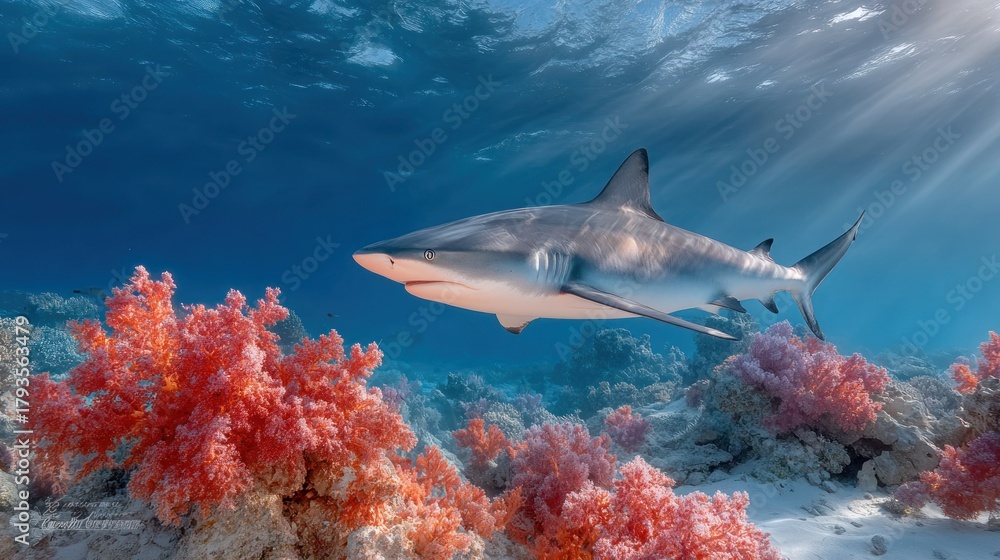 Fototapeta premium An elegant shark swims above coral in deep blue ocean illuminated by sunbeams