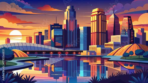 Very beautiful Omaha skyline at sunset with the Missouri River in the foreground, Omaha, Nebraska, USA, featuring glowing skyscrapers, reflective river waters, and a vibrant urban atmosphere capturing