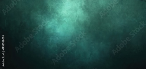 Dark green blue cloudy background with grunge texture. Black haunted space with smoke fog. Rough concrete wall with mist. Horror thriller mystery backdrop for movie poster design.