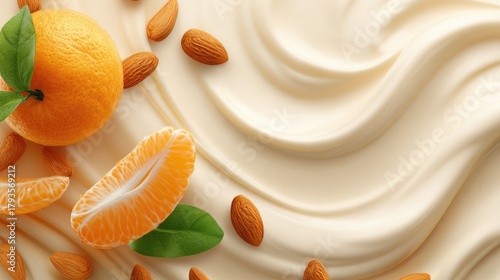 Fresh orange slices and almonds on a yogurt texture background