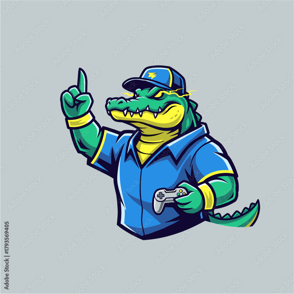 Obraz premium Gaming Alligator Mascot with Controller and Number One Gesture