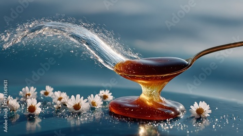Spoon holding amber liquid, water splashing above, small white flowers nearby