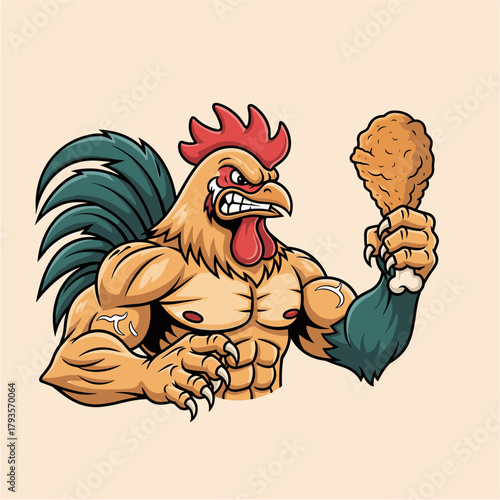 Aggressive Muscular Rooster Holding Fried Chicken Mascot