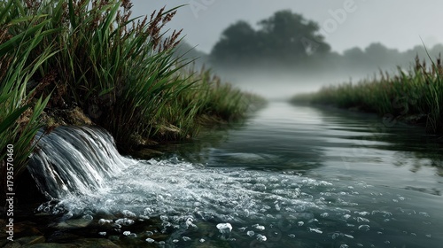 Tranquil stream flows gently with reeds along its banks under a foggy atmosphere