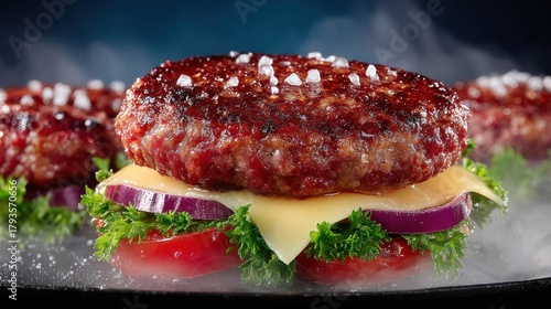 Close-up of a juicy burger with salt, cheese, onions, and tomatoes, with vapor around