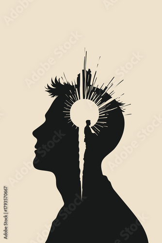 Surreal silhouette artwork showing a man inside another head, symbolizing inner growth, self-reflection, mental clarity, and the journey toward understanding thoughts, identity, and purpose.