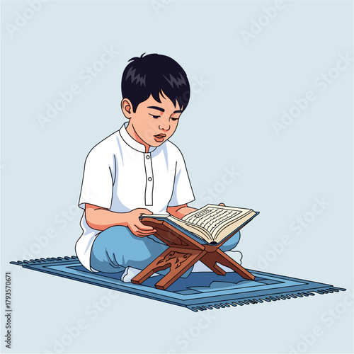 Young Muslim Boy Reading the Holy Quran Vector Art
