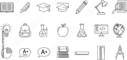 Minimal education line icons set, back to school vector, academic symbols, learning tools, science lab, coding, books, globe, rulers, A+ grades, pie chart analytics