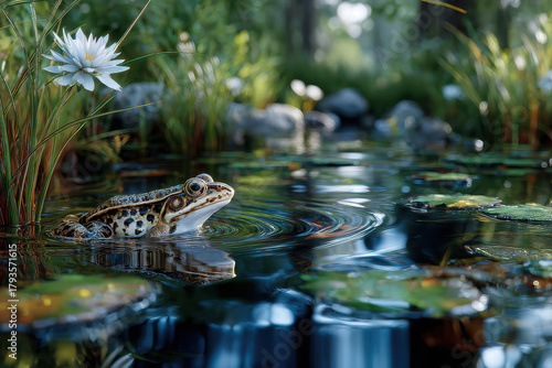 Frog perched on lily pad in tranquil pond surrounded by lush greenery and flowers