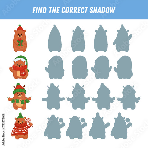 Find correct shadow of cartoon bear. Educational logical game for kids. Christmas game. Vector illustration