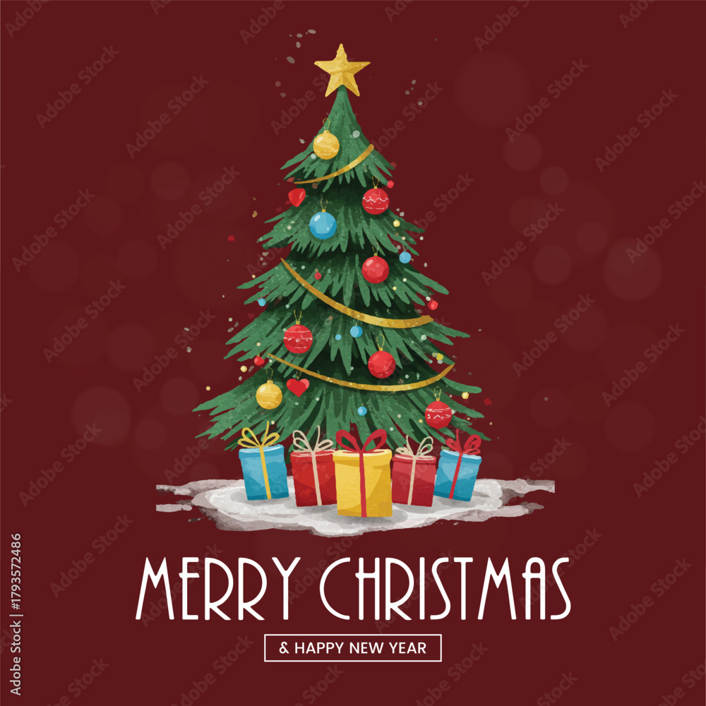 Naklejka premium Beautifully Decorated Christmas Tree with Colorful Ornaments and Presents, A Merry Christmas and Happy New Year Image