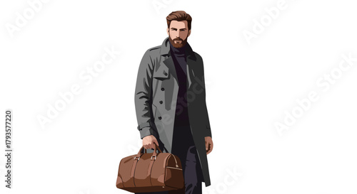 Stylish man walking with brown duffel bag in modern coat  