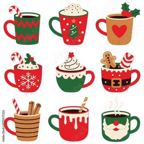 Christmas Drinks Flat Vector Illustrations Set, Hot Cocoa, Eggnog, Mulled Wine, Holiday Beverages, Festive Drink Collection, Winter Celebration, Seasonal Party Drinks, Holiday Warmth Concept, Cozy Chr