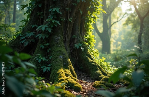 Close up of moss covered tree roots in a vibrant green forest with sunlight filtering through the canopy. Rich vegetation and vines grow around the thick woody trunk in a natural wild setting.