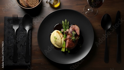 Fototapeta Naklejka Na Ścianę i Meble -  “Elegant Fine-Dining Plate Showcasing Roast Duck, Asparagus, Silky Mashed Potatoes, and Rich Dark Sauce Accents”