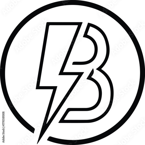 Minimal vector logo line icon of letter B merged with electric bolt shape on white background