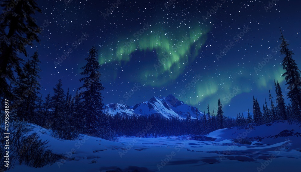 Fototapeta premium Spectacular green aurora borealis illuminates a snow-covered arctic landscape at night