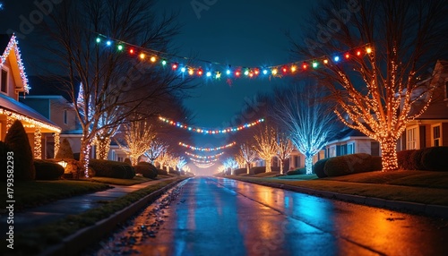 Residential street glows with festive Christmas lights on houses, trees at night. Colorful string lights adorn homes, bare tree branches, creating magical holiday atmosphere on wet road reflecting