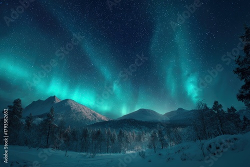 Brilliant turquoise atmospheric lights illuminate a starry winter landscape above snow-covered peaks and forest