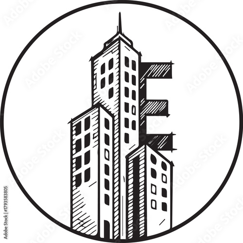 vector logo line icon of letter E combined with a skyscraper building on white background