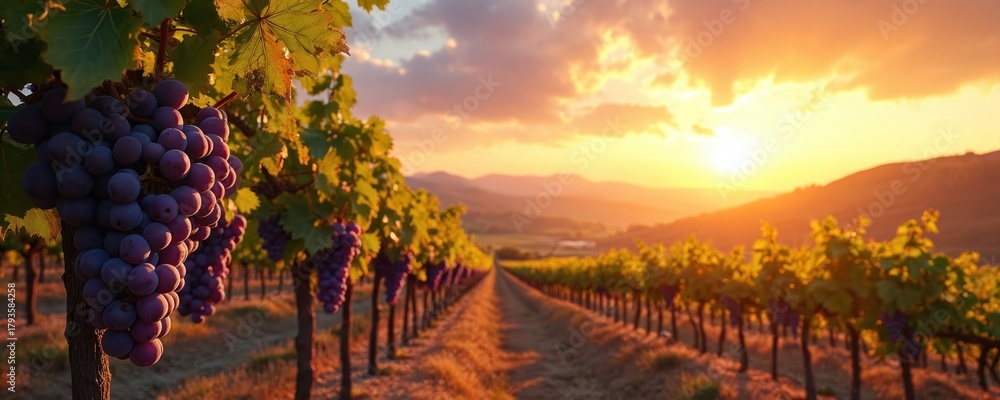 Naklejka premium Scenic photo shows vineyard with rows of grape vines at sunset. Ripe grapes hang from the vines creating a picturesque view. The sun sets over the mountains.