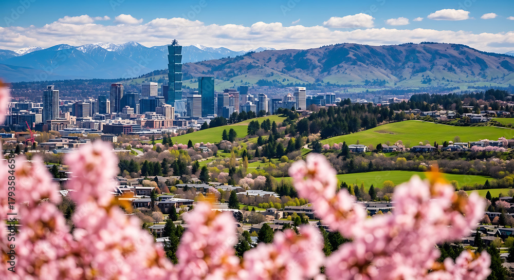 Fototapeta premium Taipei skyline framed by cherry blossoms cityscapes and scenic beauty blend in Taiwan