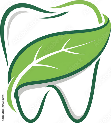 Vibrant green leaf gently embracing a healthy white tooth, symbolizing natural dental care, freshness, and organic oral hygiene for a radiant smile