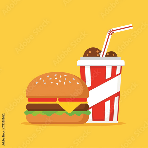 Delicious fast food meal with a juicy burger and a refreshing drink on a vibrant yellow background, perfect for food advertising and culinary themes