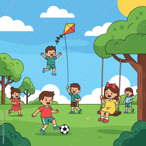 Children Playing Outdoors with Kite, Ball and Swing on a Sunny Day