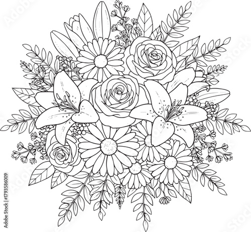 Detailed floral bouquet illustration featuring roses, lilies, and daisies in a black and white outline